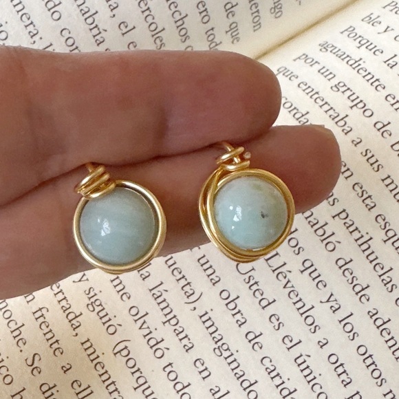 Soft Blue amazonite halo style gold stud earrings/ healing crystal - Picture 7 of 8